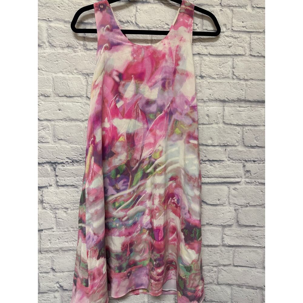 Cynthia Rowley Pink Watercolor 100% Silk A-Line Tank Halter Dress Racerback - 10